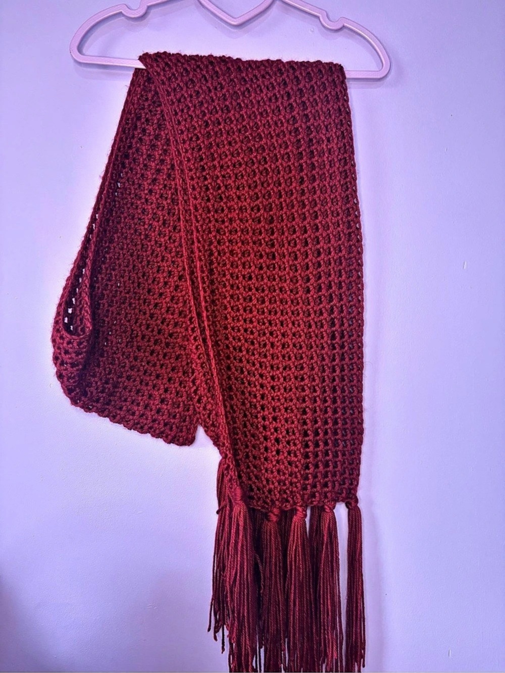 Red Open-Knit Fringe Wrap Like New
